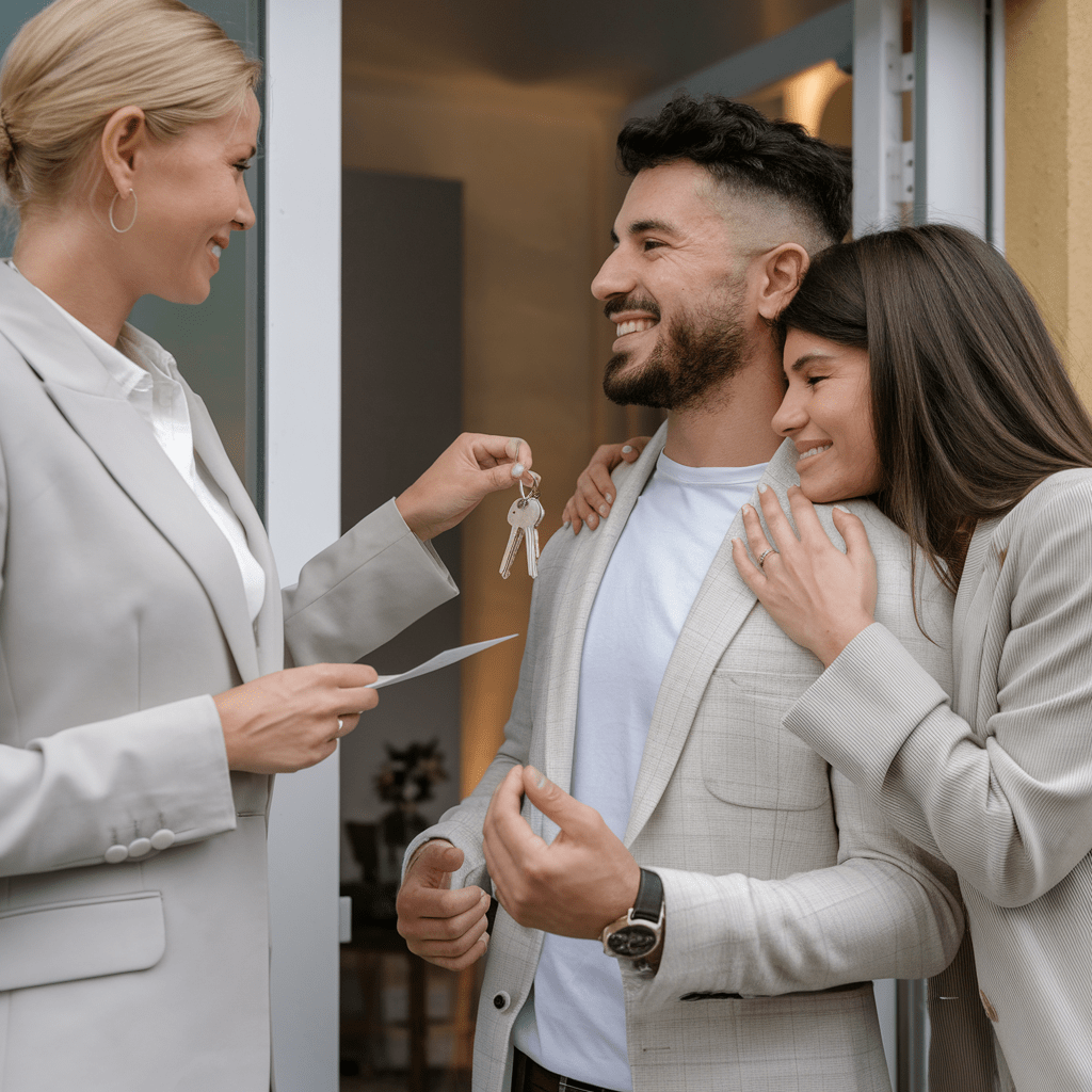 agente inmobiliaria entregando las llaves de su primera vivienda a una pareja